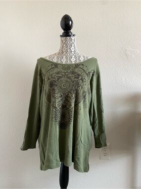 Avenue Olive Green Printed Long Sleeve Top